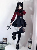 Jirai Kei Red Ruffle Blouse & Black Pleated Skirt Gothic Set Shoptery