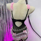 Jirai Kei Black Pink Skull Lace-Up Corset Ruffle Mini Dress Shoptery