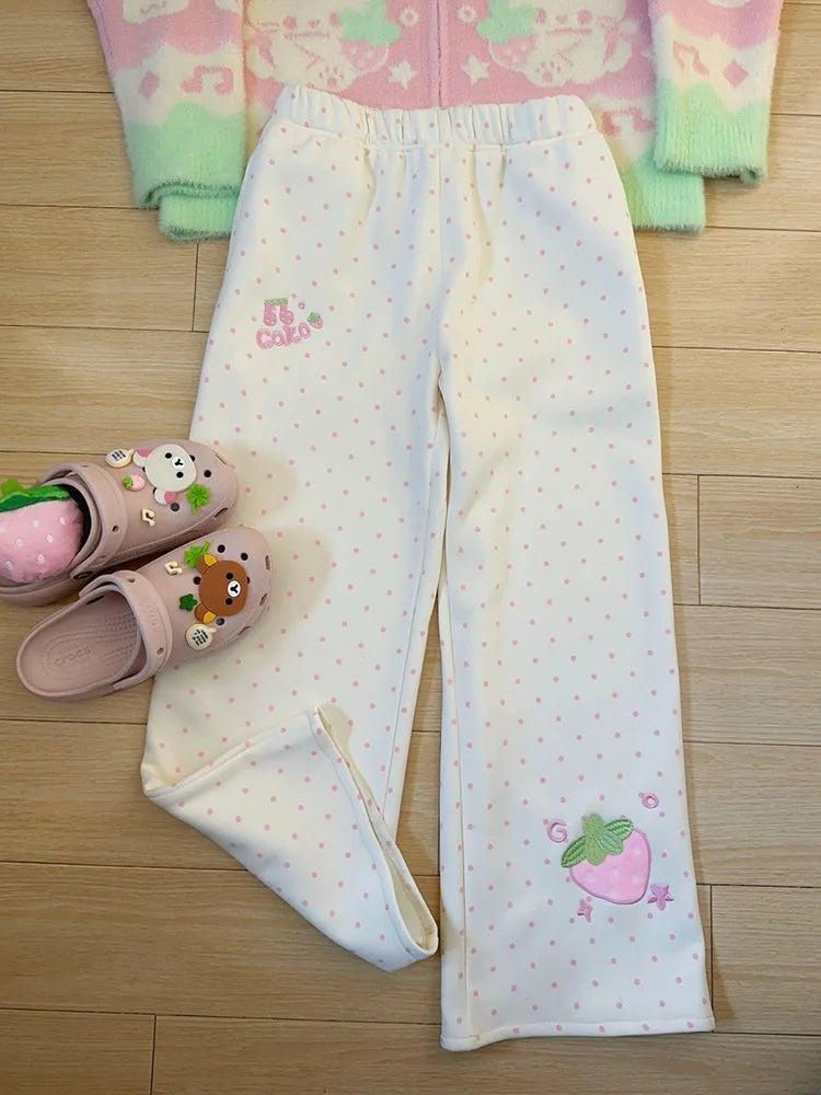Fairy Kei Pastel Polka Dot Strawberry Embroidery Wide-Leg Pants Shoptery