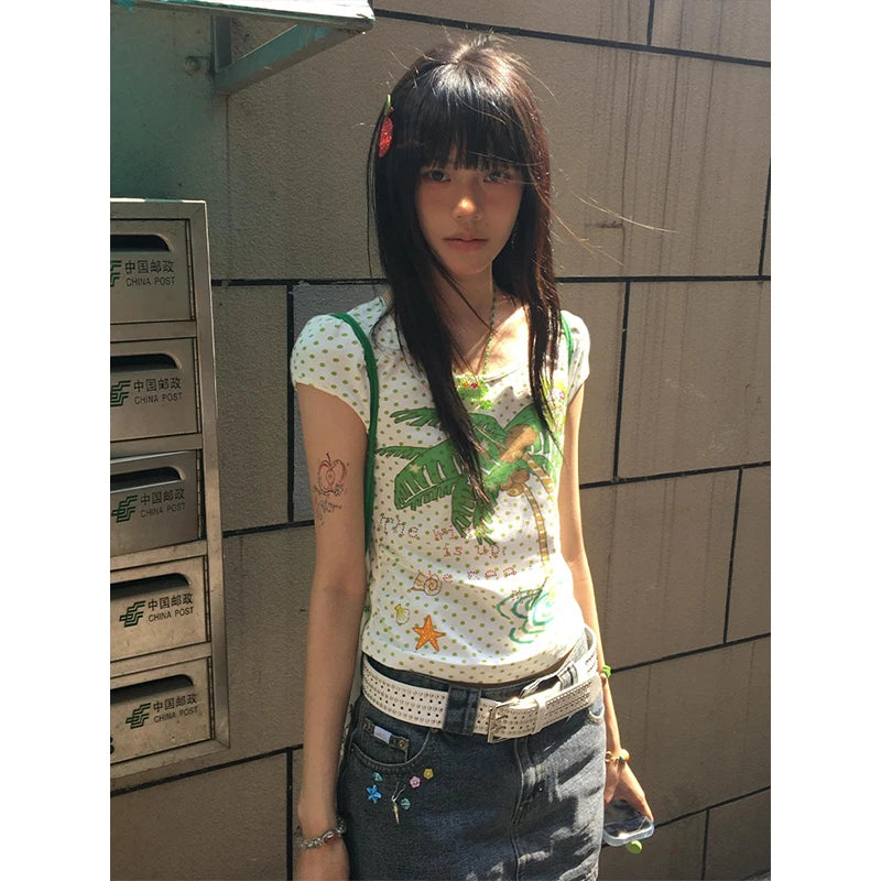 Gyaru Tropical Polka Dot Graphic Baby Tee with Studded Belt Shoptery