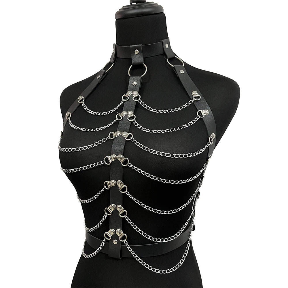 Visual Kei PU Leather Body Harness with Silver Chain Detail B Shoptery
