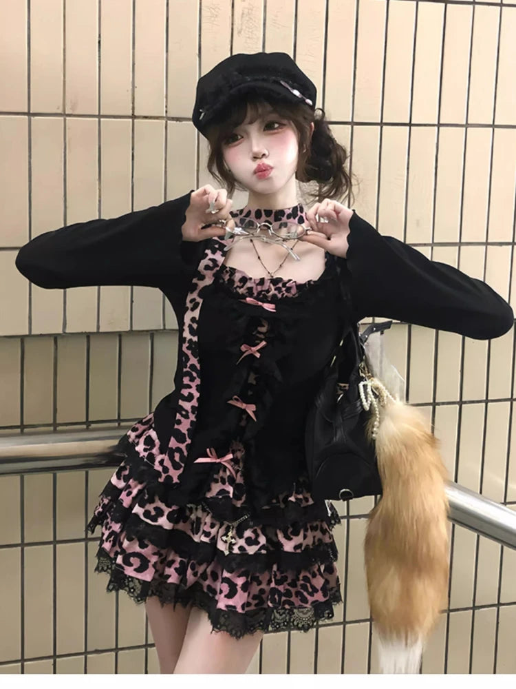 Jirai Kei Pink Leopard Lace Ruffle Mini Dress & Top Set Secondary image