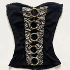 Gyaru Zebra Print Studded Zip-Up Ruched Strapless Corset Top Shoptery