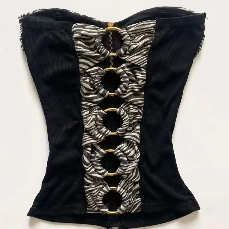 Gyaru Zebra Print Studded Zip-Up Ruched Strapless Corset Top Shoptery