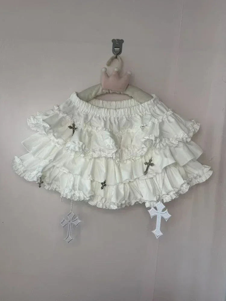 Jirai Kei Gothic Cross Charm Ruffle Bloomers Mini Skirt WHITE Shoptery