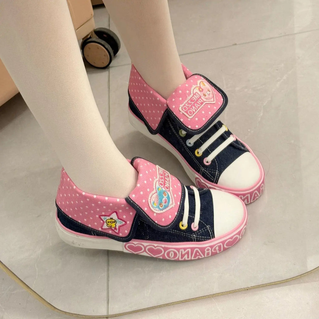 Decora Denim & Pink Polka Dot Kawaii High-Top Sneakers Blue Shoptery
