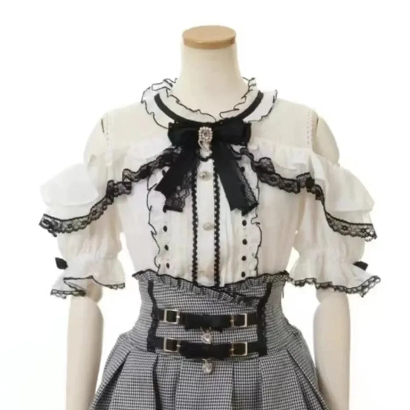 Jirai Kei Black Lace Ruffle Bow Button-Up Blouse 3310 White Black Shoptery