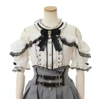 Jirai Kei Black Lace Ruffle Bow Button-Up Blouse 3310 White Black Shoptery