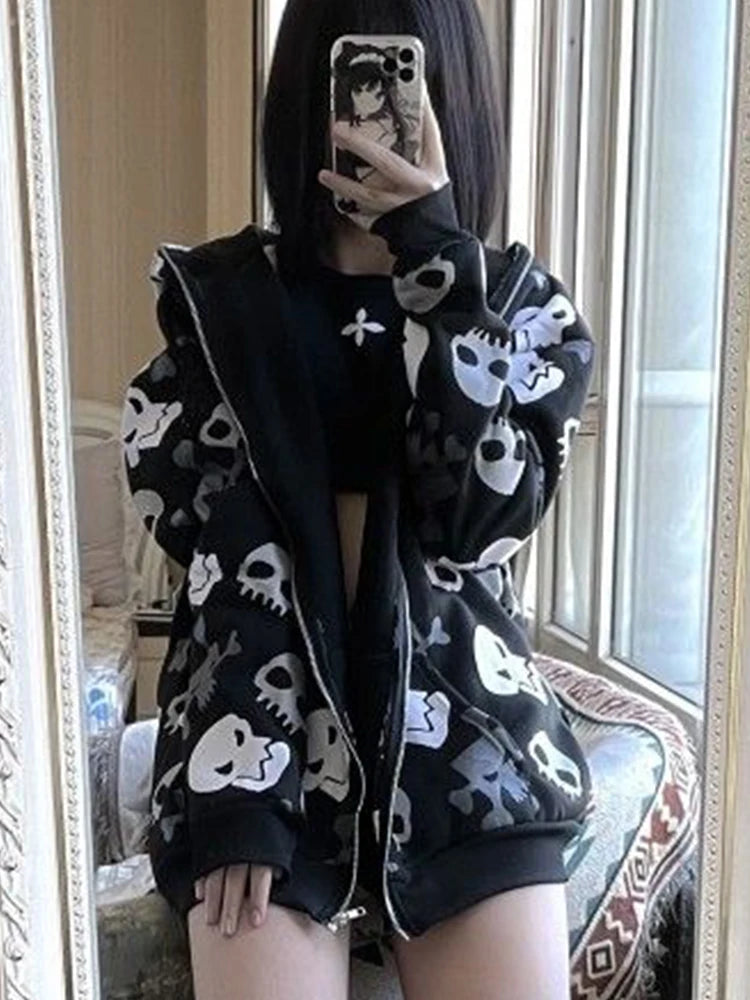 Visual Kei All-Over Skull & Crossbones Cross Zip-Up Hoodie Shoptery