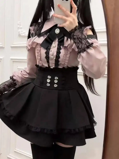 Jirai Kei Gothic Cross Lace Ruffle Blouse & Shorts Set 345 Pink Set Shoptery