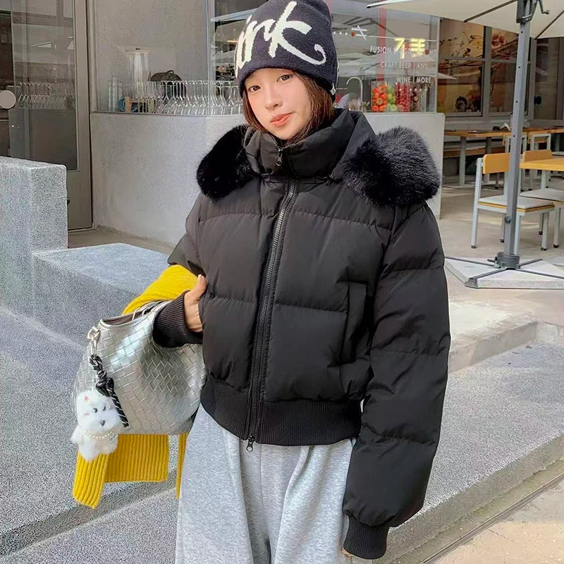 American Fur Collar Parkas Coats Women Y2K Winter Thick Warm Loose Crop Down Jacket Retro Streetwear Zipper Bread Outerwear New black Shoptery