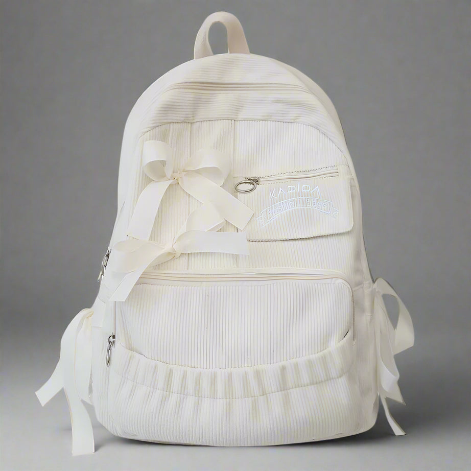 Corduroy Bow Charm Cute Backpack white and white Shoptery