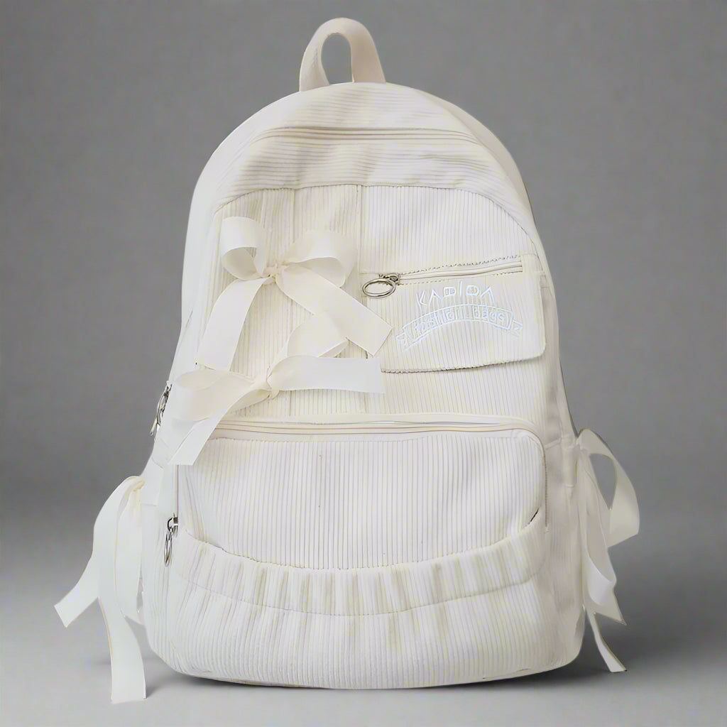 Corduroy Bow Charm Cute Backpack white and white Shoptery