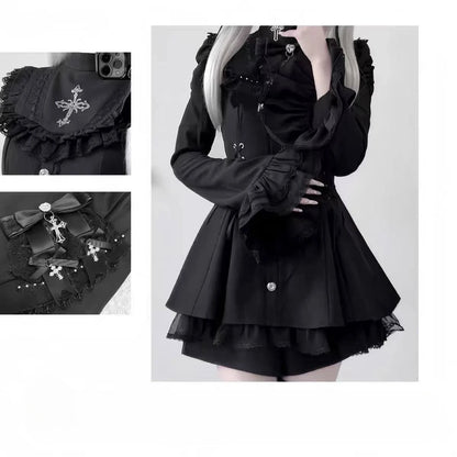 Jirai Kei Gothic Cross Lace Ruffle Blouse & Shorts Set 318 Black Shoptery