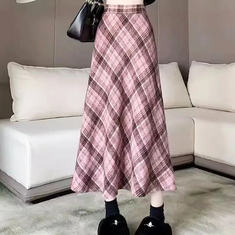Mori Kei Cable Knit Cardigan & Plaid Skirt Set with Bow Details Pink midi Skirt Shoptery