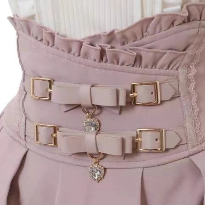 Jirai Kei Cold Shoulder Lace Blouse & Buckle High Waist Tiered Skirt Set Shoptery