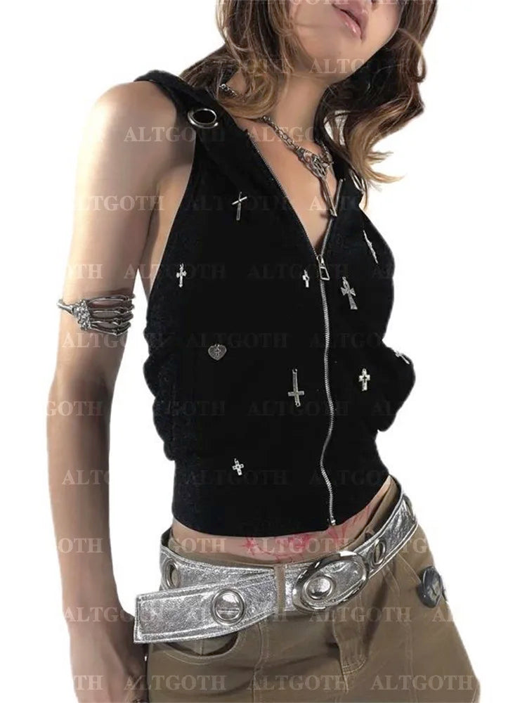 Visual Kei Cross Stud Eyelet Hooded Crop Vest with Belt Shoptery