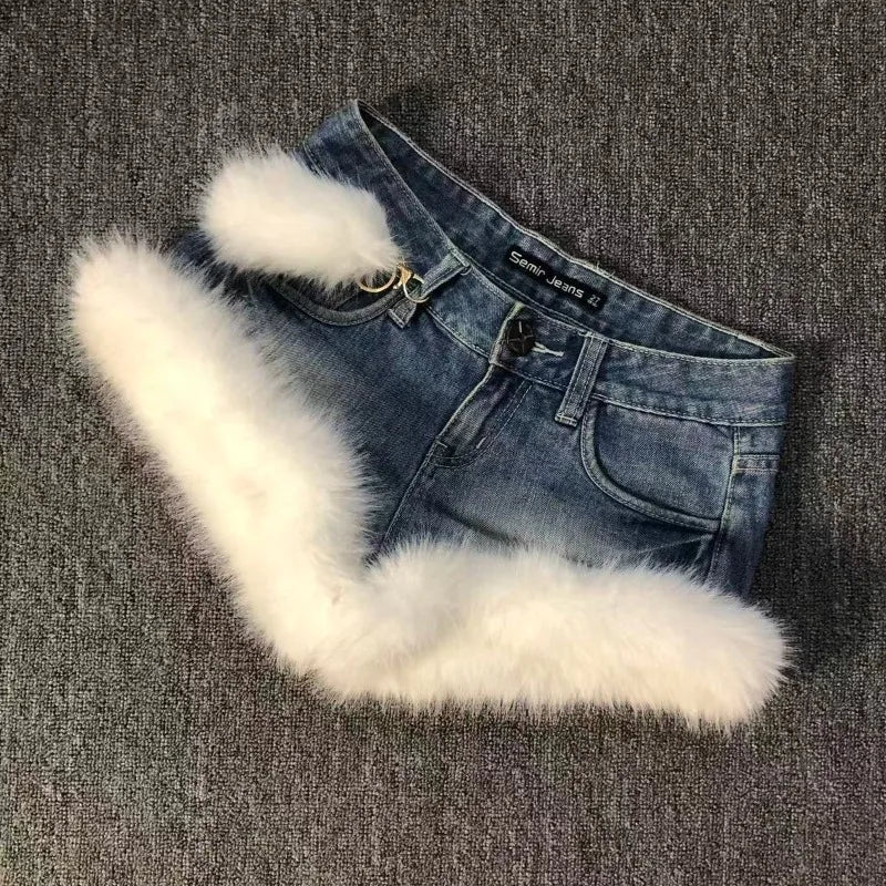 Gyaru Acid Wash Denim Micro Shorts with Faux Fur Trim & Heart Charm Shoptery