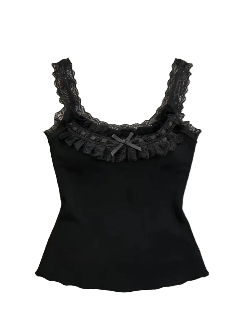 Jirai Kei Black Ribbed Lace Trim Bow Camisole Top with Tulle Skirt black Shoptery