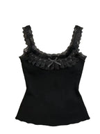 Jirai Kei Black Ribbed Lace Trim Bow Camisole Top with Tulle Skirt black Shoptery