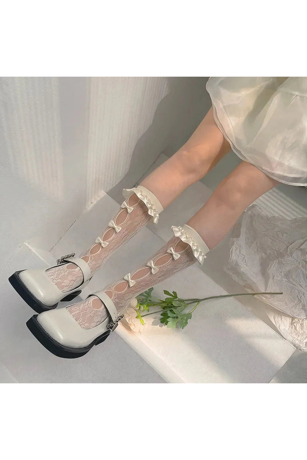 Coquette Sheer Mesh Bowknot Socks pale yellow Shoptery