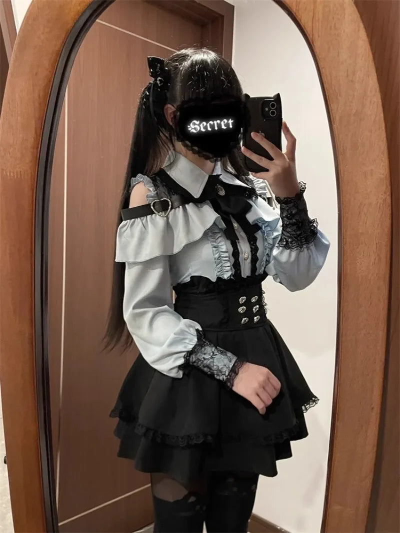 Jirai Kei Red Ruffle Blouse & Black Pleated Skirt Gothic Set Shoptery