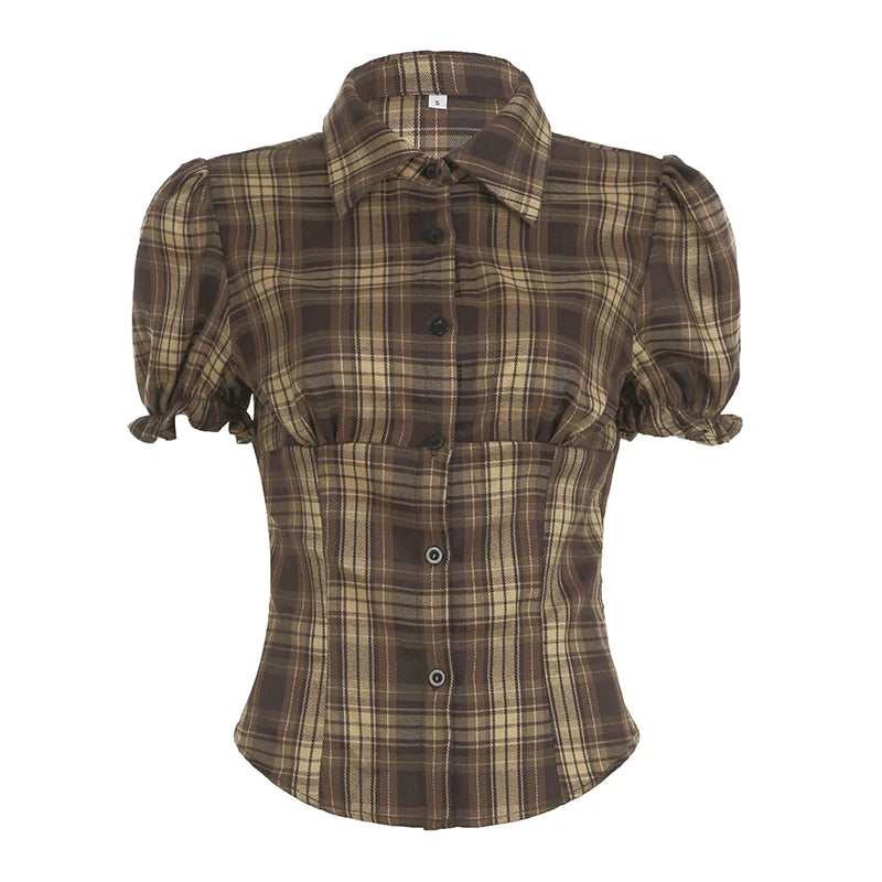 Retro Puff Sleeve Plaid Cinch Shirt Brown Shoptery