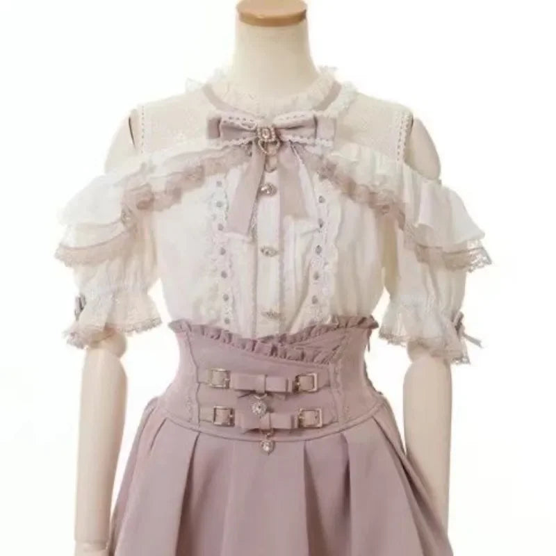 Jirai Kei Black Lace Ruffle Bow Button-Up Blouse 3310 White Pink Shoptery