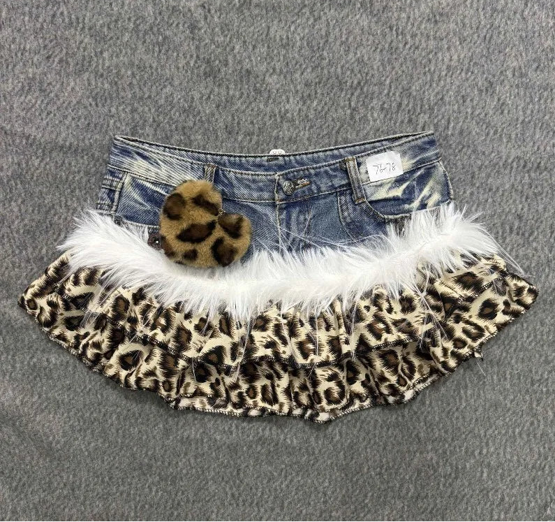 Gyaru Minirock mit Leopardenmuster, Rüschen und Sternengürtel aus Denim Zweitbild