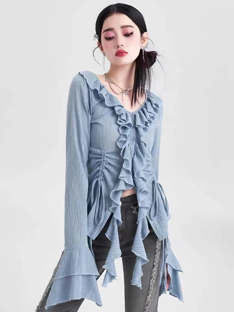 Dream Flare Ruffle Coquette Blouse Blue Shoptery
