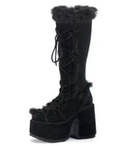Jirai Kei Faux Fur Lace-Up Knee-High Platform Boots Shoptery
