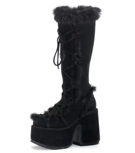 Jirai Kei Faux Fur Lace-Up Knee-High Platform Boots Shoptery