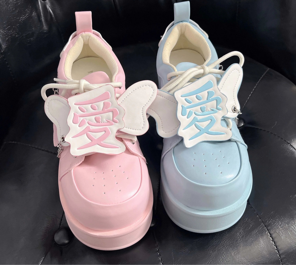 Fairy Kei Pastel Platform Chunky Sneakers with Chain & Kanji Charm Shoptery