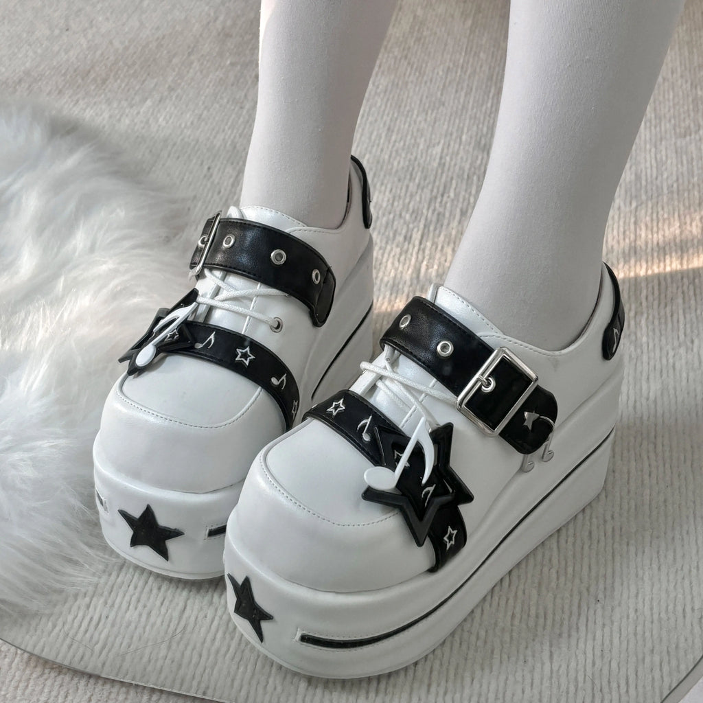 Fairy Kei Star Charm Platform Sneakers with Buckle Strap black and white Shoptery