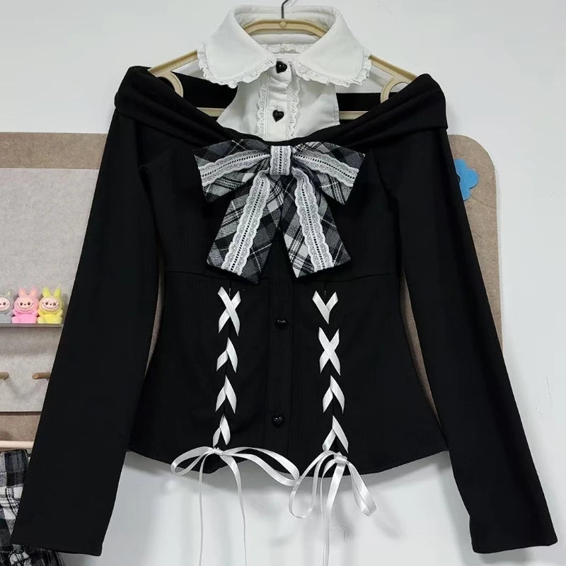 Jirai Kei Off-Shoulder Lace-Up Knit Top & Plaid Ruffle Skirt Set Only Top Shoptery