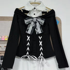 Jirai Kei Off-Shoulder Lace-Up Knit Top & Plaid Ruffle Skirt Set Only Top Shoptery