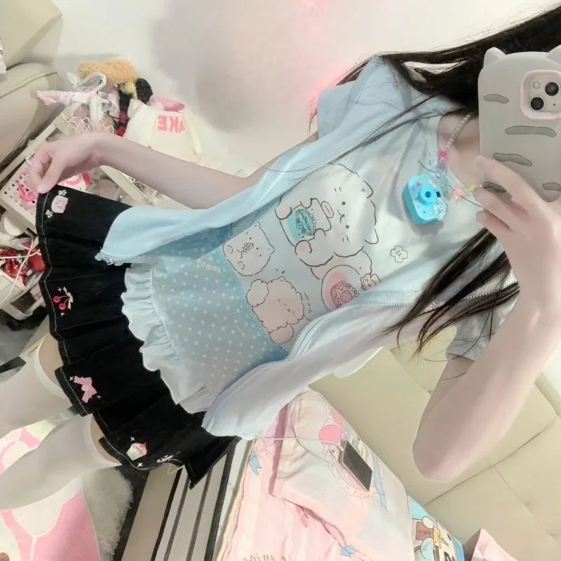 Fairy Kei Pastel Kawaii Cat Print Ruffle Hem Short Sleeve Top Shoptery