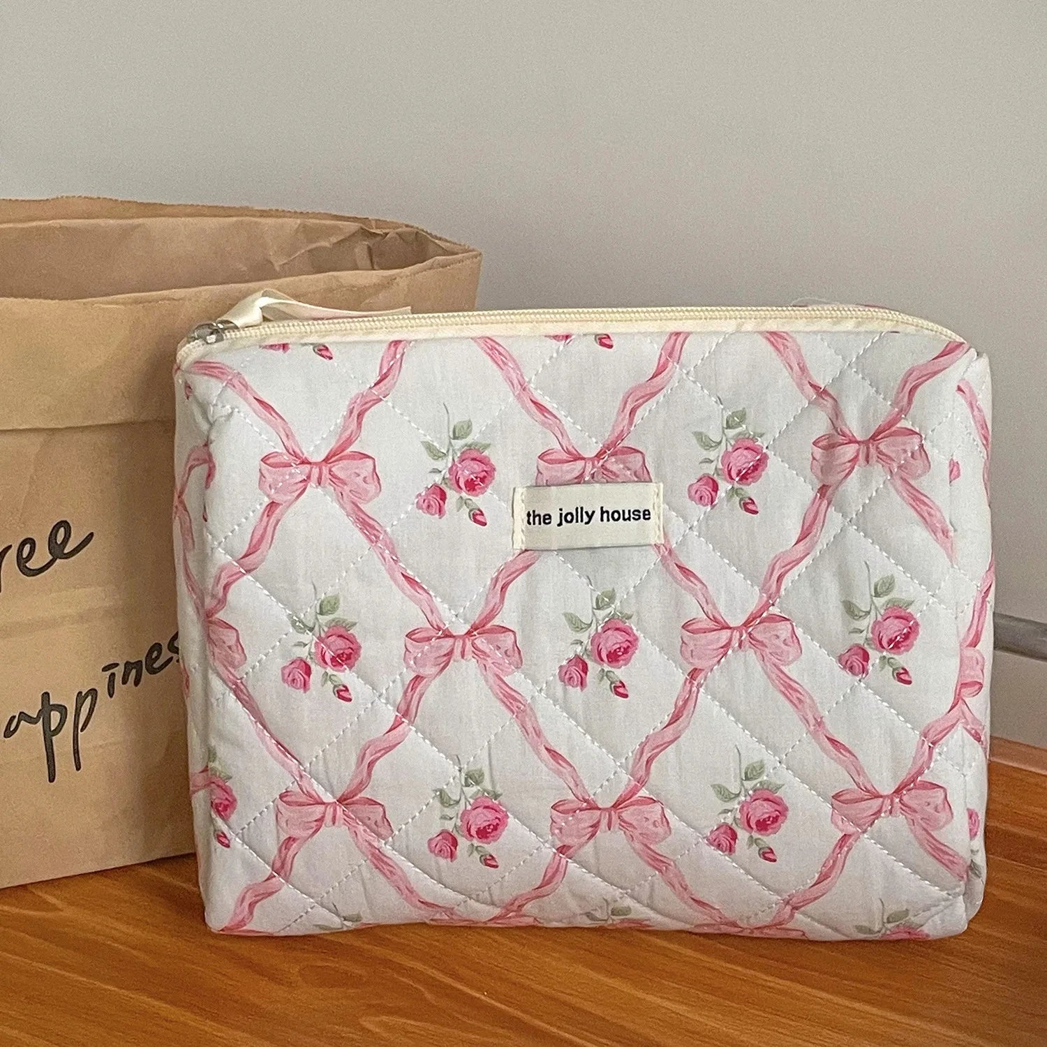 Retro Bow Bloom Coquette Makeup Bags Pink-B Shoptery