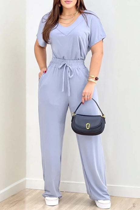 2 Pieces V Neck Short Sleeve T Shirt and Casual Pants Sets