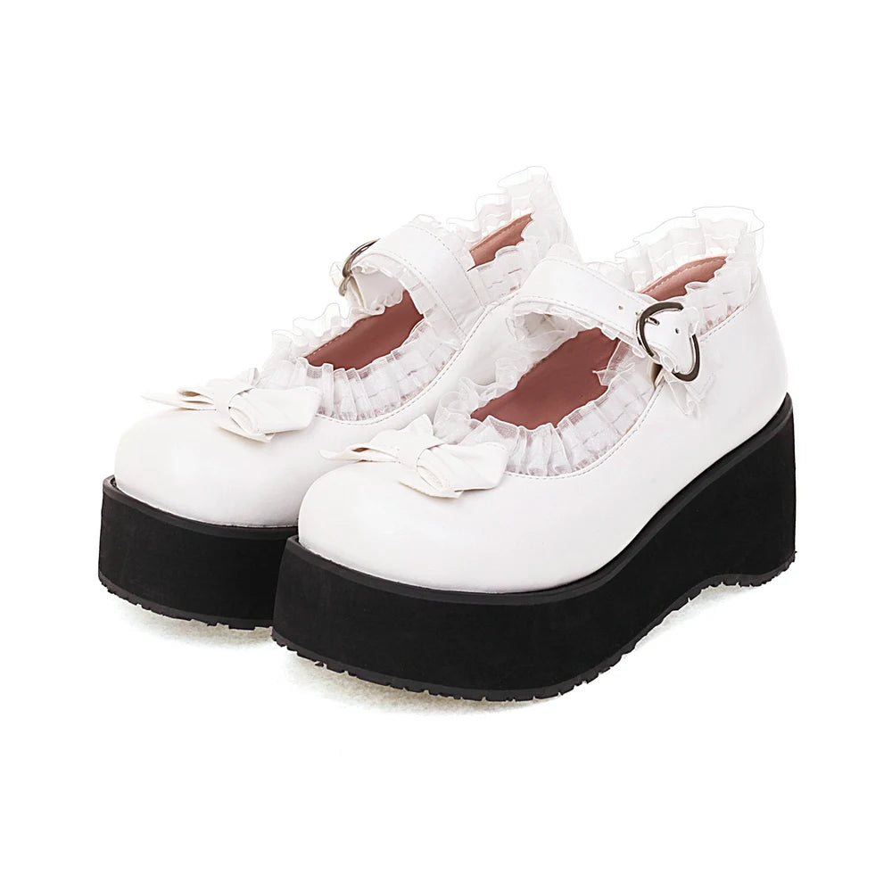 Jirai Kei Pink Lace Ruffle Bow Platform Mary Jane Shoes Sizes 31–48 WHITE Shoptery Main image