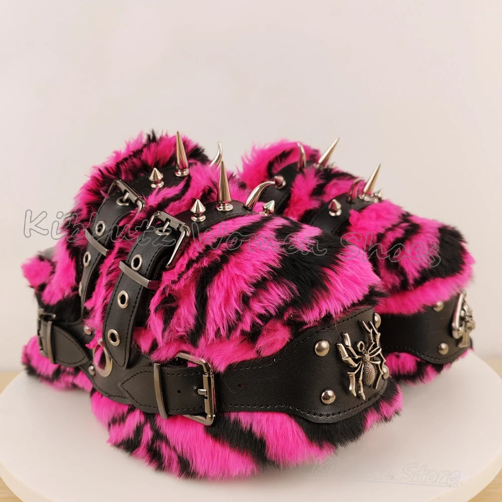 Visual Kei Pink Tiger Faux Fur Buckle Spike Mule Slides Shoptery