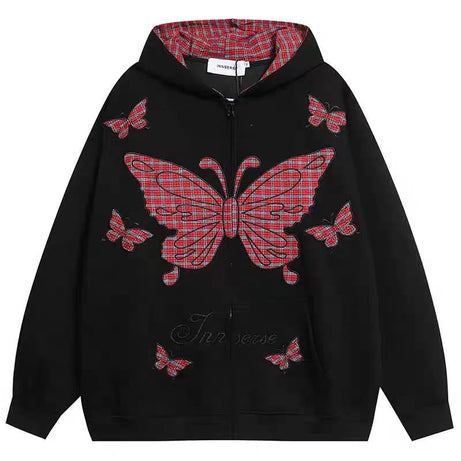 Grunge Flutter Zip-Up Hoodie Black Shoptery