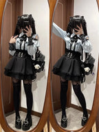 Jirai Kei Red Ruffle Blouse & Black Pleated Skirt Gothic Set Blue Blouse Skirt Shoptery