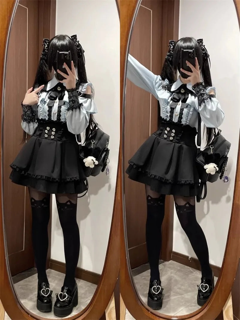 Jirai Kei Red Ruffle Blouse & Black Pleated Skirt Gothic Set Blue Blouse Skirt Shoptery