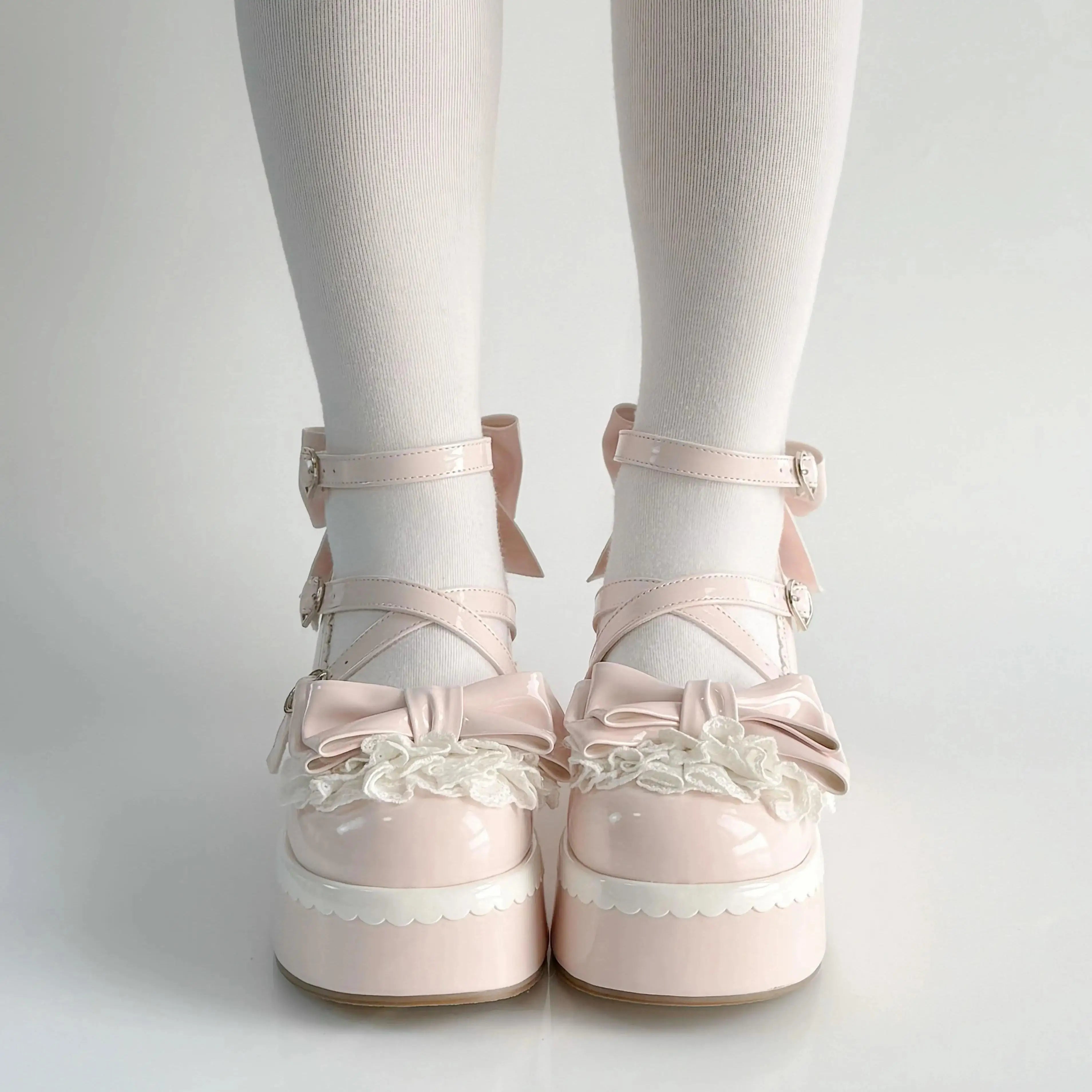 Fairy Kei Mint & Pink Lace Bow Platform Mary Jane Shoes Pink Shoptery
