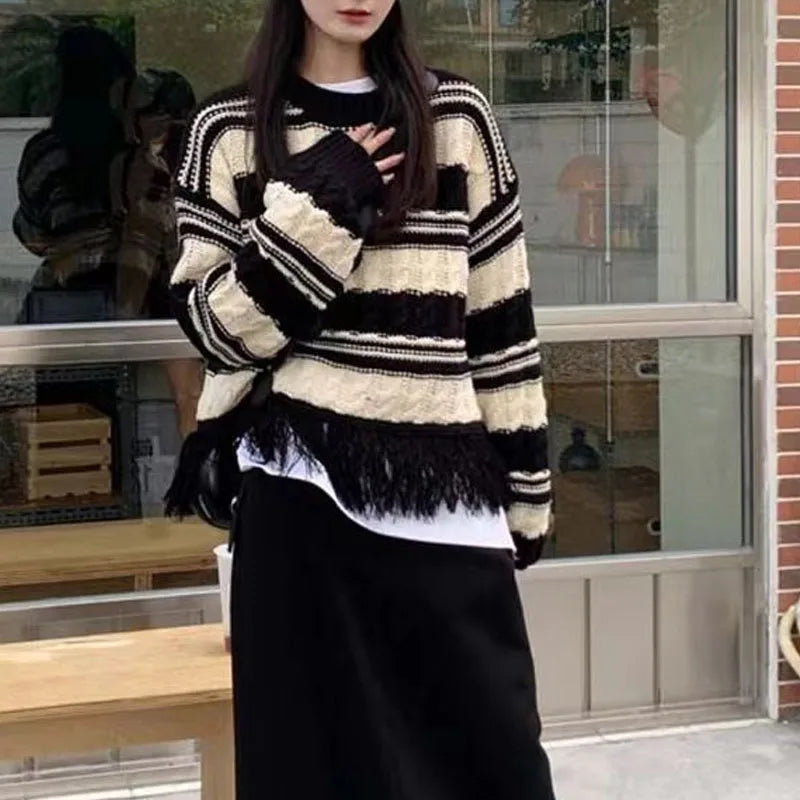 Alt Grunge Fringe Striped Sweater black Shoptery