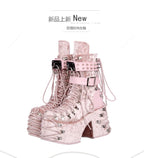 Jirai Kei Pink Velvet Platform Lace-Up Studded Mid-Calf Boots Shoptery