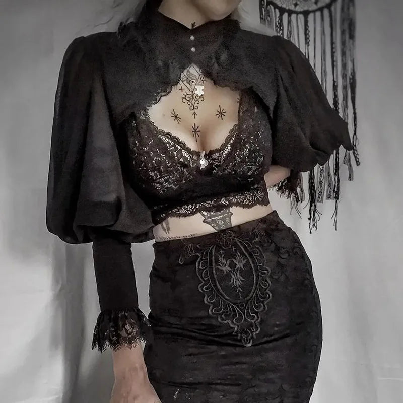 Visual Kei Black Lace Pentagram Cut-Out Lantern Sleeve Midi Dress Shoptery