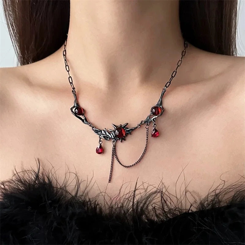 Visual Kei Gunmetal Branch & Garnet Crystal Draped Chain Necklace Shoptery