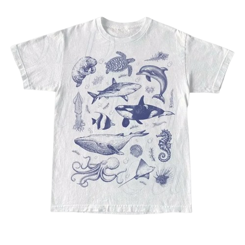 Deep Sea Sketch Aesthetic T-Shirt white Shoptery